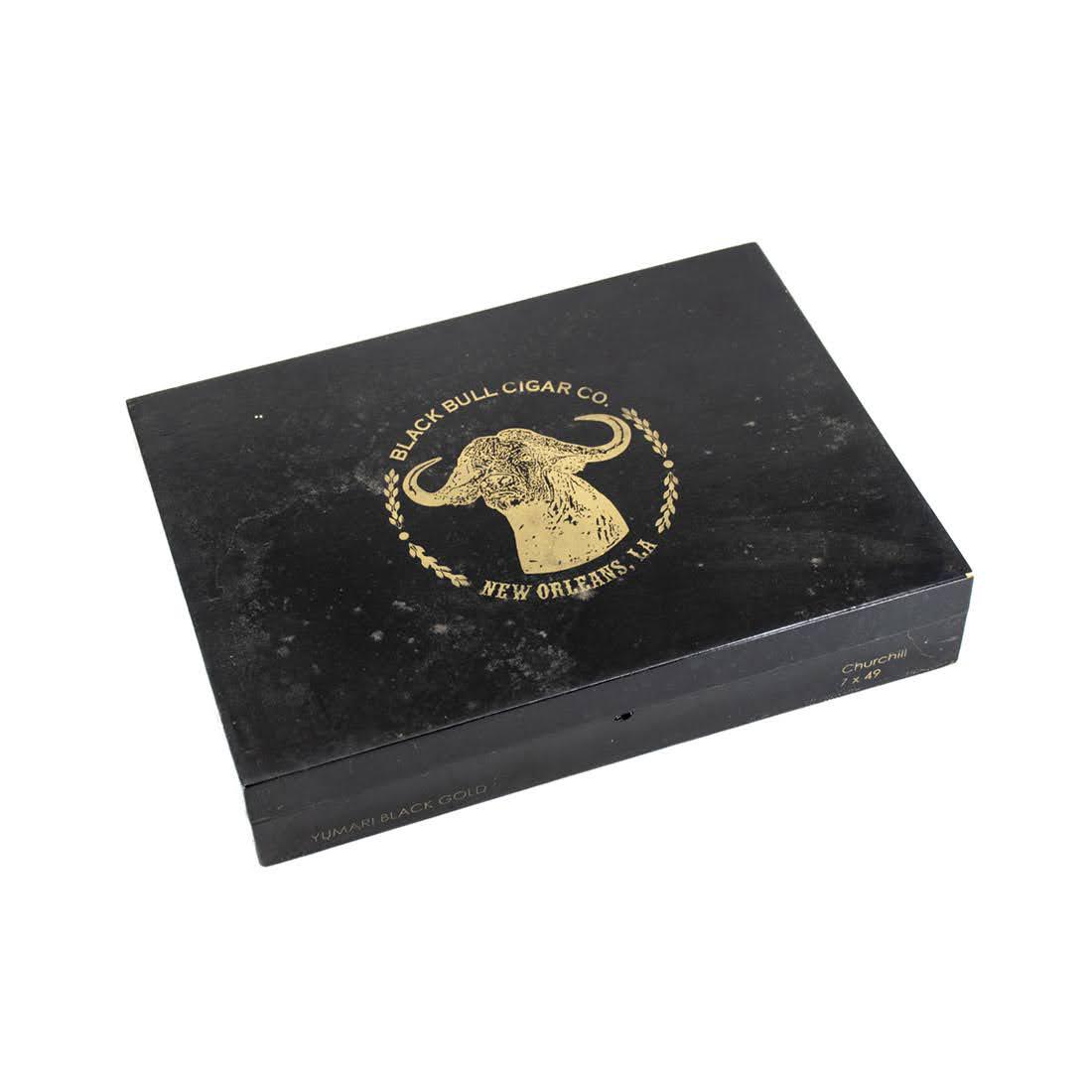 Black Bull Churchill Cigar Box: Custom cedar cigar box branded for Black Bull Cigar Shop New Orleans, LA having gold leaf depiction of large bull.