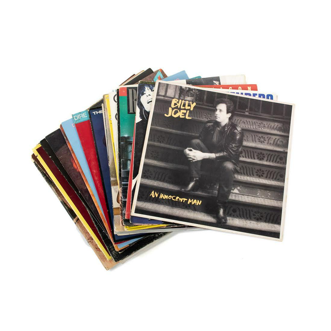 Group of Rock and Roll Vinyl Albums: Billy Joel "An Innocent Man" 1983, The Pretenders "Get Close" 1986, REO Speedwagon "A Decade of Rock and Roll" 1980, REO Speedwagon Self Titled 1984, The Rolling Stones "Aftermath", Cheech & Chong "Ge