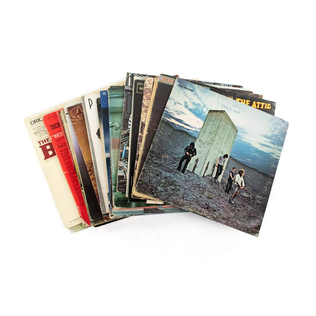Group of Rock and Roll Vinyl Albums: The Who "Who's Next" 1971, Billy Joel "Songs in the Attic" 1981, The Who "By Numbers" 1975, The Who "Meaty, Beaty, Big and Bouncy" 1971, Barbra Streisand "The Barbra Streisand Album" 1963, Barbra Stre
