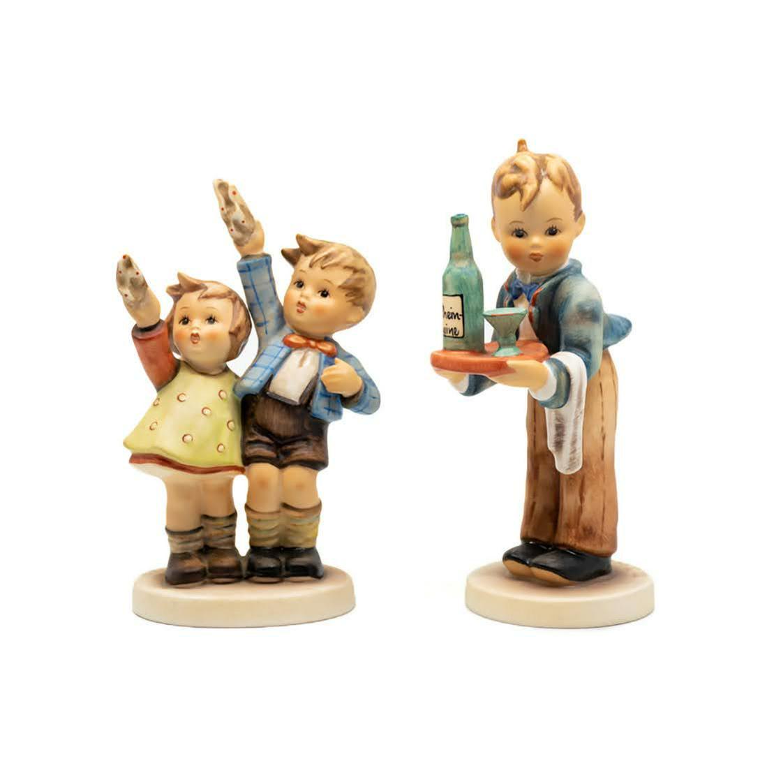 Goebel Hummel Auf Wiedersehen 153 and Waiter 154/0: Goebel Hummel #153 Auf Wiedersehen TMK 7 figure, featuring two young children bidding farewell and #154/0 Waiter TMK 6 figure, featuring a young boy carrying a serving tray with drinks and a towel ove
