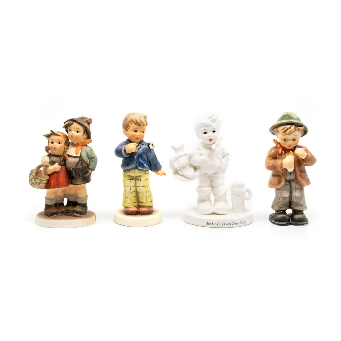 Group of 4 Goebel Hummels including Surprise 943: Goebel Hummel #943 Surprise TMK 3LS features a boy and a girl carrying a basket, #2295 Who Are You TMK 10 features a boy looking at a tear in his jacket, #2031 Catch of the Day, The Love Lives On TMK