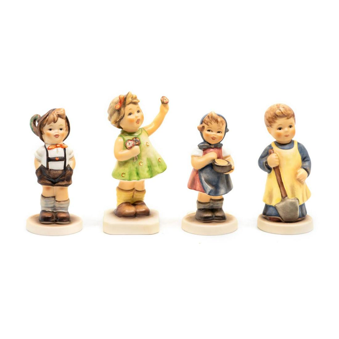 Group of 4 Goebel Hummels including For Keeps 630: Goebel Hummel #630 For Keeps TMK 7 features a boy with his hands in his pockets, #793 Forever Yours TMK 7 features a girl carrying flowers, #629 From Me to You TMK 7 features a girl offering a bowl of