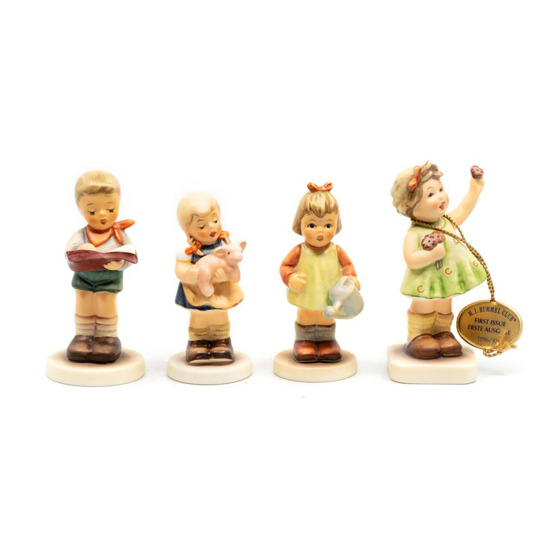 Group of 4 Goebel Hummels including Pigtails 2052: Goebel Hummel #2087/B Honor Student TMK 8 features a boy holding a book, #2052 Pigtails TMK 7 features a girl with her hair in pigtails while carrying a pig, Nature's Gift #729 TMK 7 features a girl;