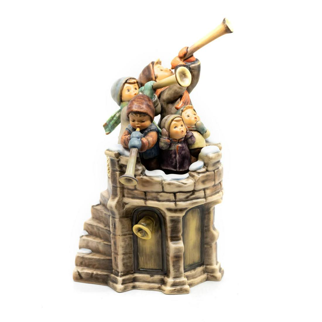 Goebel Hummel Fanfare 1999 Figurine: Goebel Hummel #1999 Fanfare TMK 7 tower figure, featuring three trumpeters and two singers.