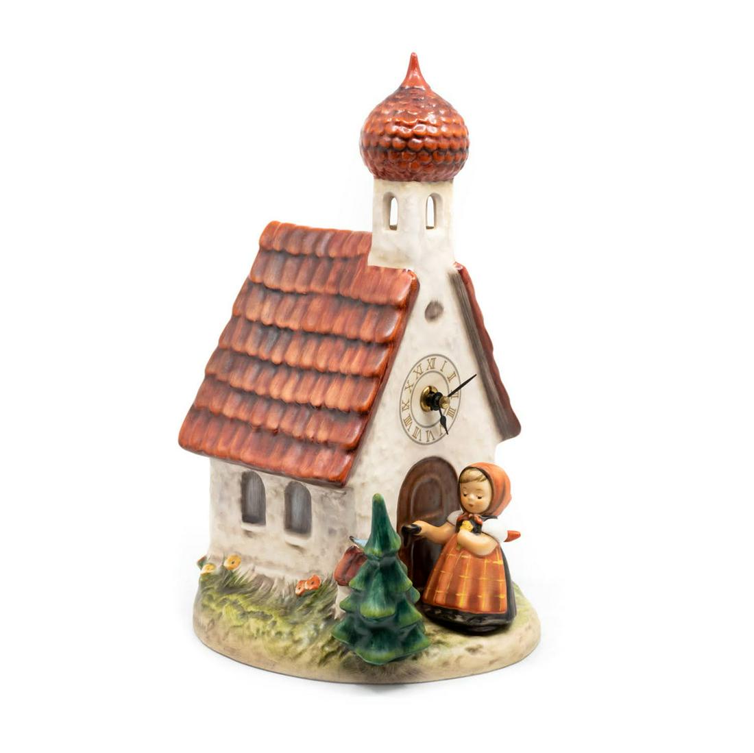 Goebel Hummel Chapel Time 442 Clock Figurine: Goebel Hummel #442 Chapel Time TMK 6 clock figure, featuring a young girl standing in the doorway of the chapel with a functioning clock above her.