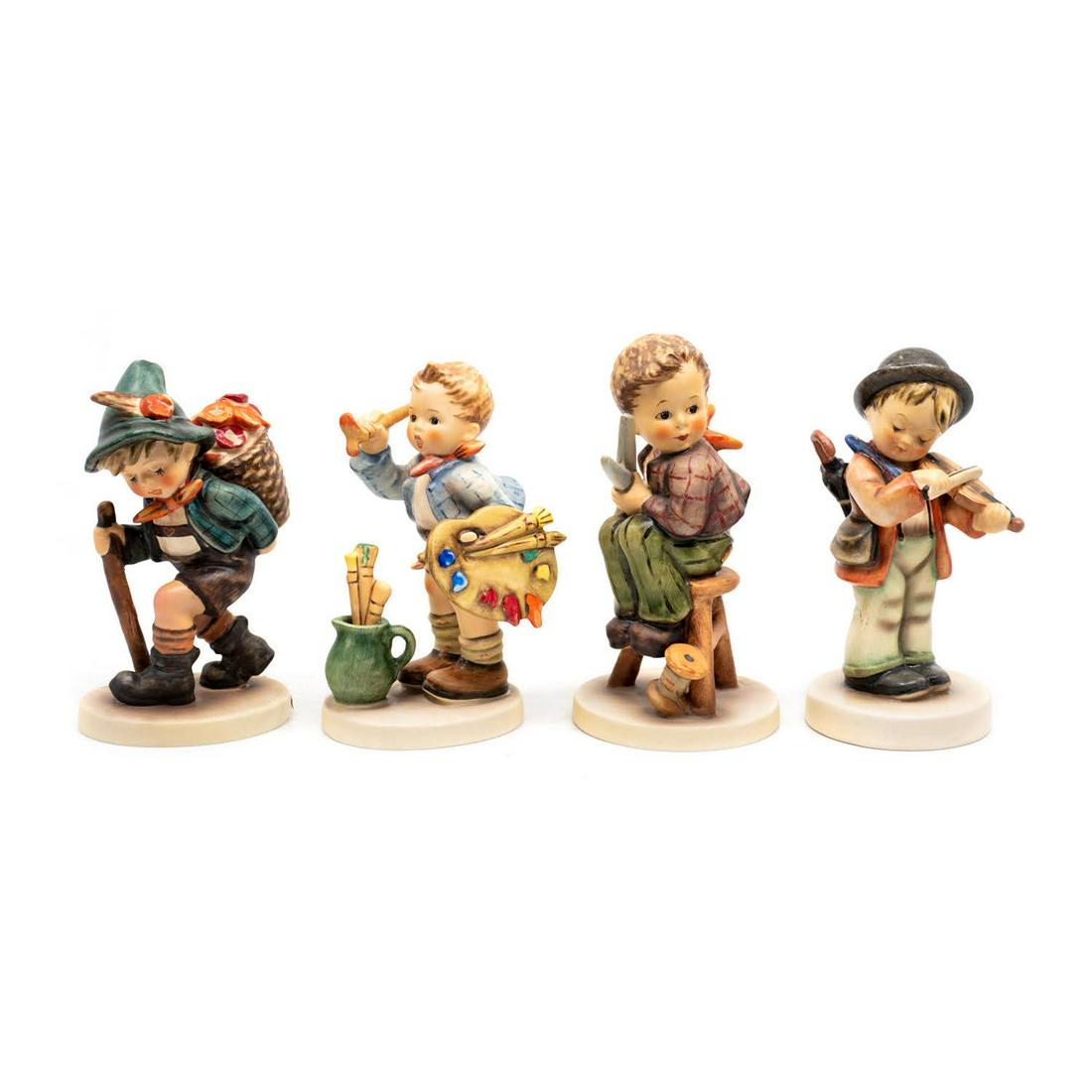Group of 4 Goebel Hummels including The Artist 304: Goebel Hummel #381 Flower Vendor TMK 5 features a young boy with a walking stick and a basket of flowers, #304 The Artist TMK 6 features a young boy with a paintbrush in one hand and a pallet in the o