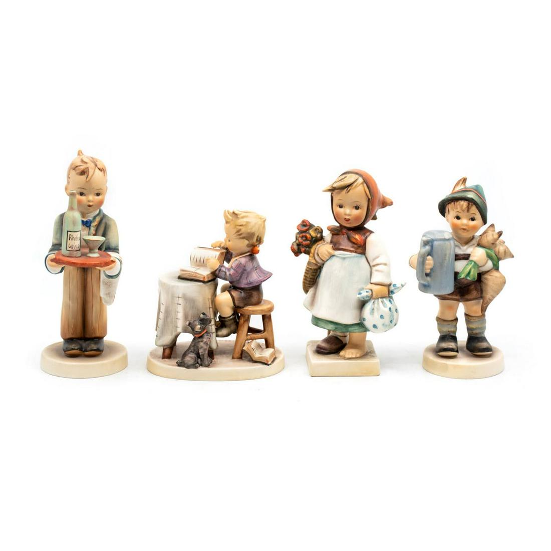 Group of 4 Goebel Hummels including Waiter 154: Goebel Hummel #154 Waiter TMK 2 features a boy holding tray with a bottle and a glass, #306 Little Bookkeeper TMK 5 features a boy at a desk looking over the books with a puppy at his feet, #204 Weary