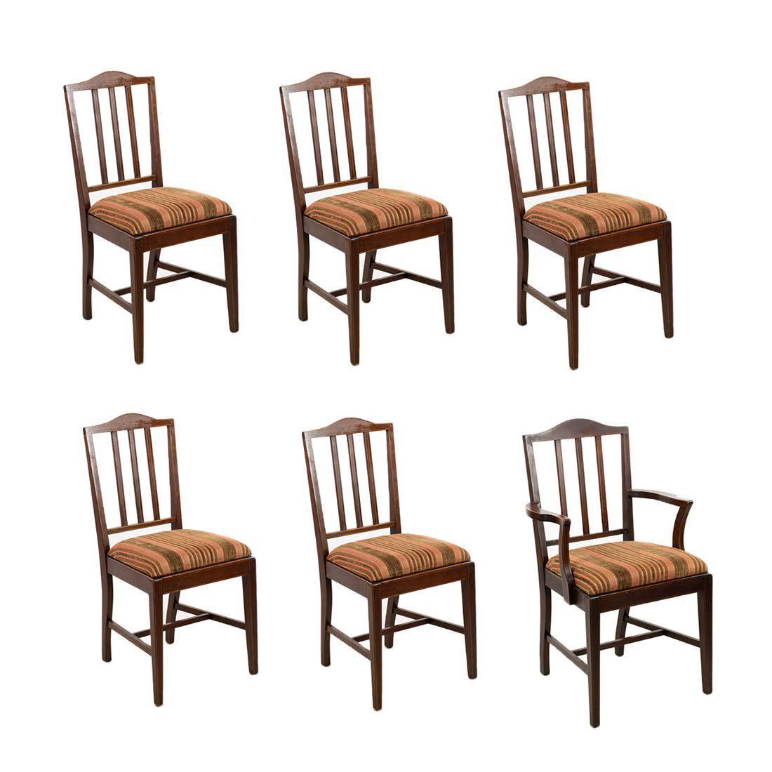 Set of 6 John D Raab Chair Co. Regency Dining Chair: A set of six Regency style inlaid mahogany dining chairs having newly upholstered pink and brown striped seats. Includes one arm chair and five side chairs. Measures 38 x 18 x 17 for without arms and 