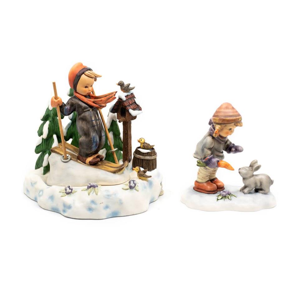 Group of 3 Goebel Hummels including The Skier 59: Goebel Hummel #1004D Friendship in Bloom is a "Hummelscape" limited to 20,000 and designed to compliment #2066 Peaceful Offering TMK 7, which features a girl feeding a bunny and is numbered 23141 out