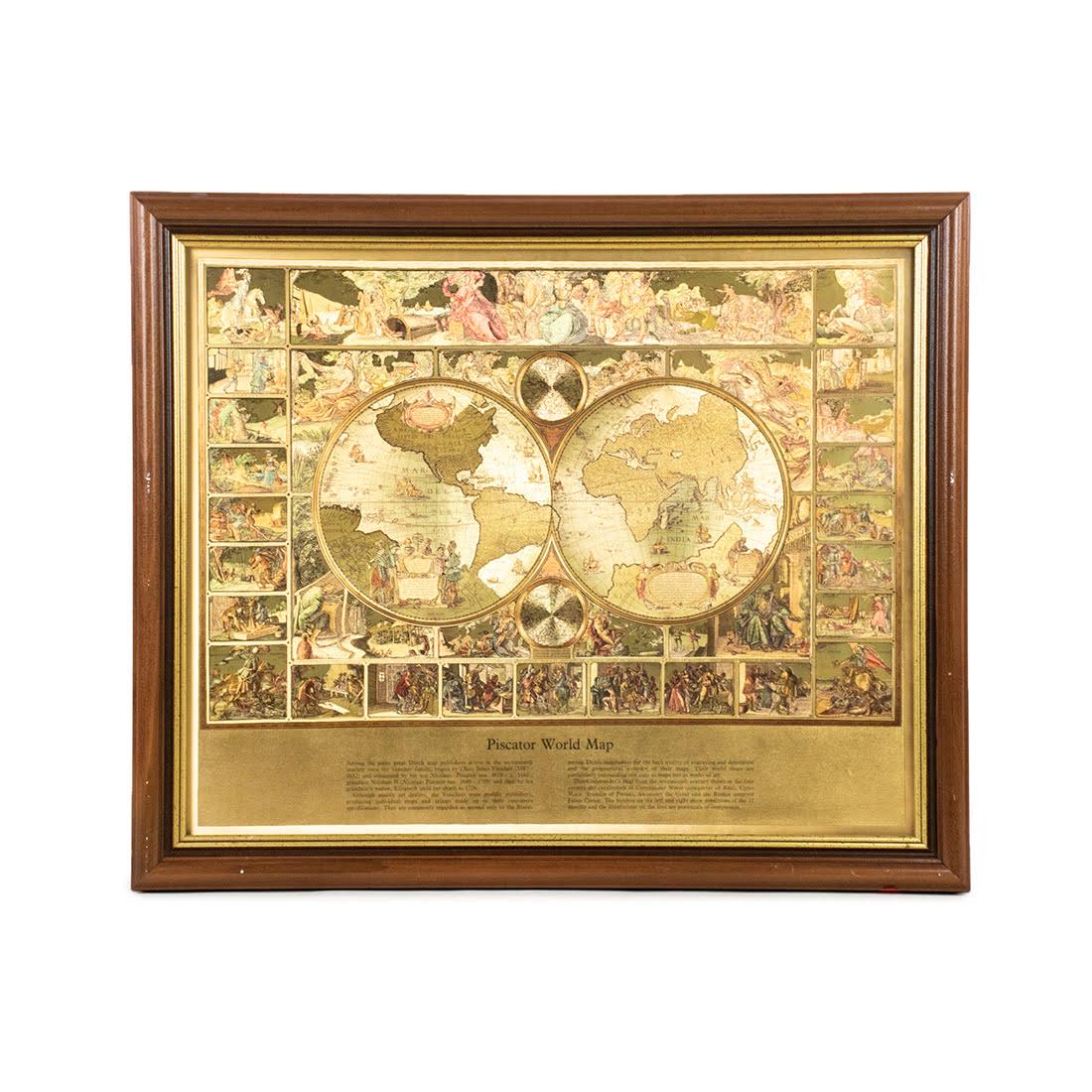 Vintage Gold Foil Piscator World Map: A vintage Piscator World Map having gold foil detailing with intricate details and various. Presented in a wooden frame under glass.