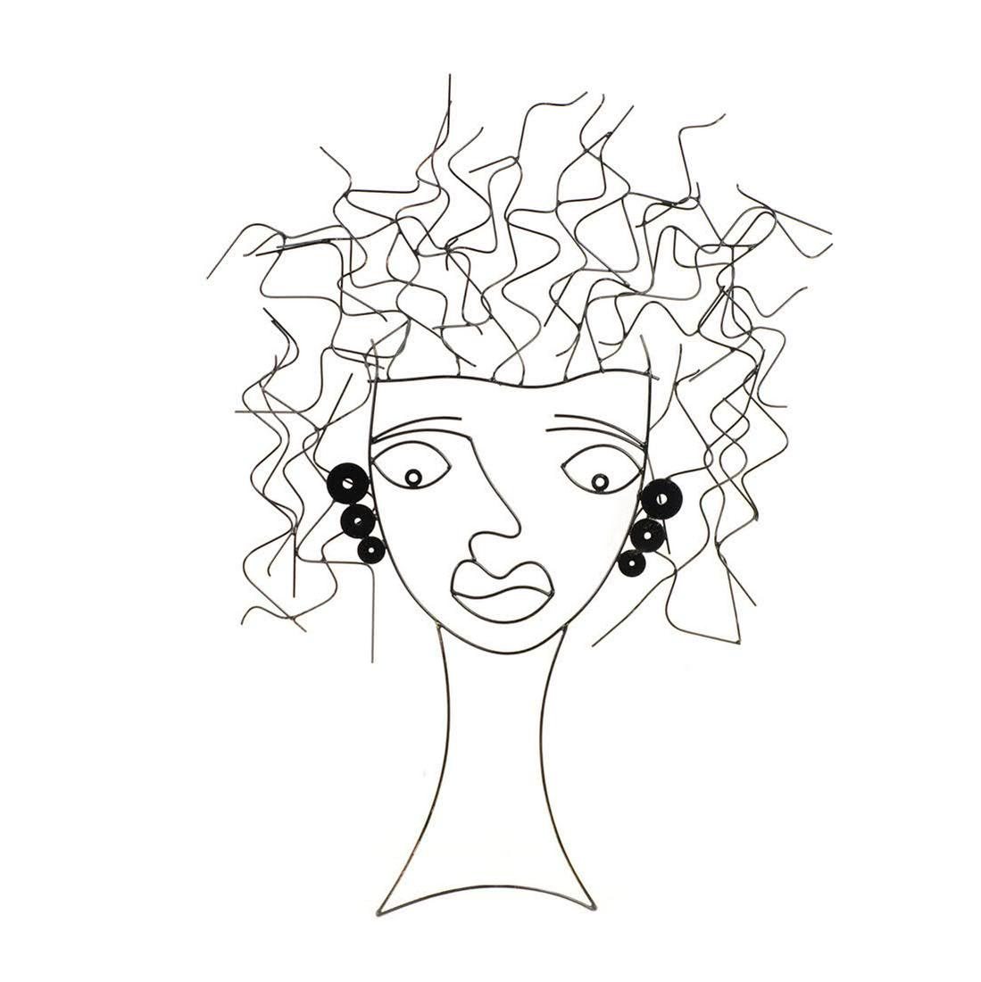 Modern Pop Art Metal Wire Female Portrait Wall Art: A large modern Pop Art female bust black metal wire wall art having wire hair with abstract face and black metal earrings. Unmarked.