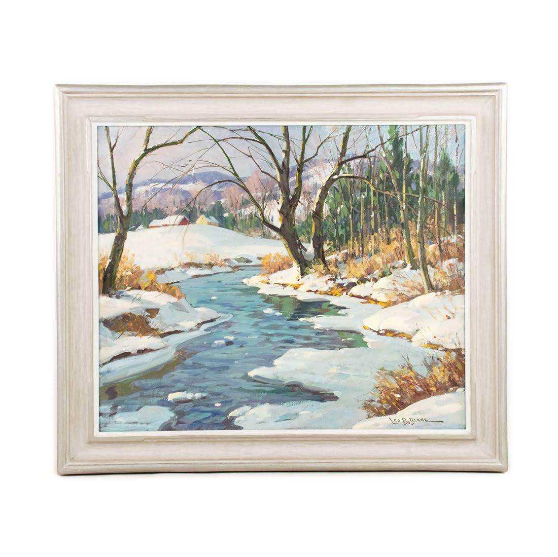 Leo B. Blake Oil on Board "Mountain Brook" Painting: Leo B. Blake (American, 1887-1976) oil on board painting titled "Mountain Brook" depicting an early winter snow with a babbling brook leading through the foreground. Signed in the lower right with tit