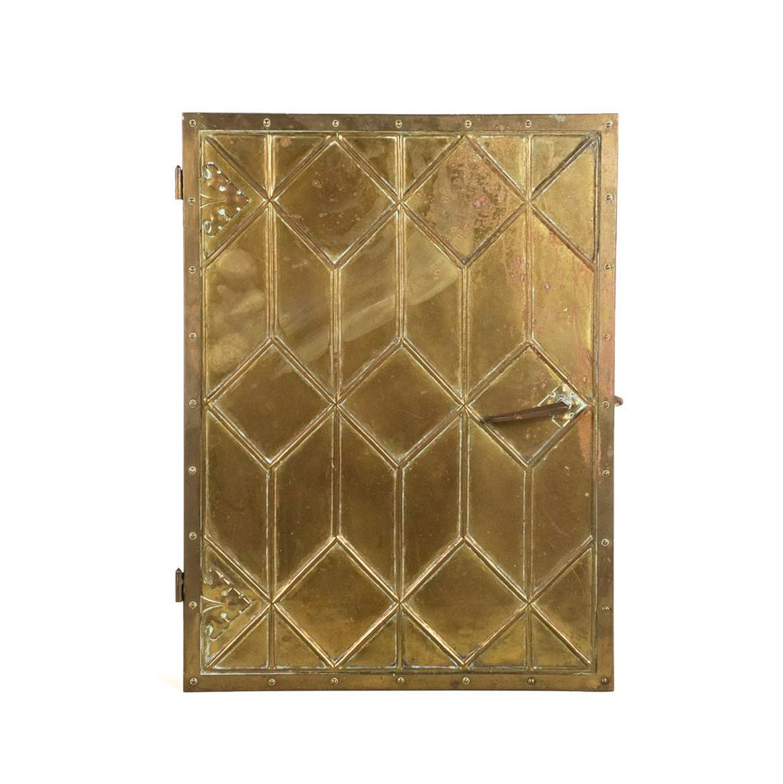 1920's Brass Clad Steel Latching Door: A European brass clad steel latching door with diamond geometric design on front latching handle and hinges.