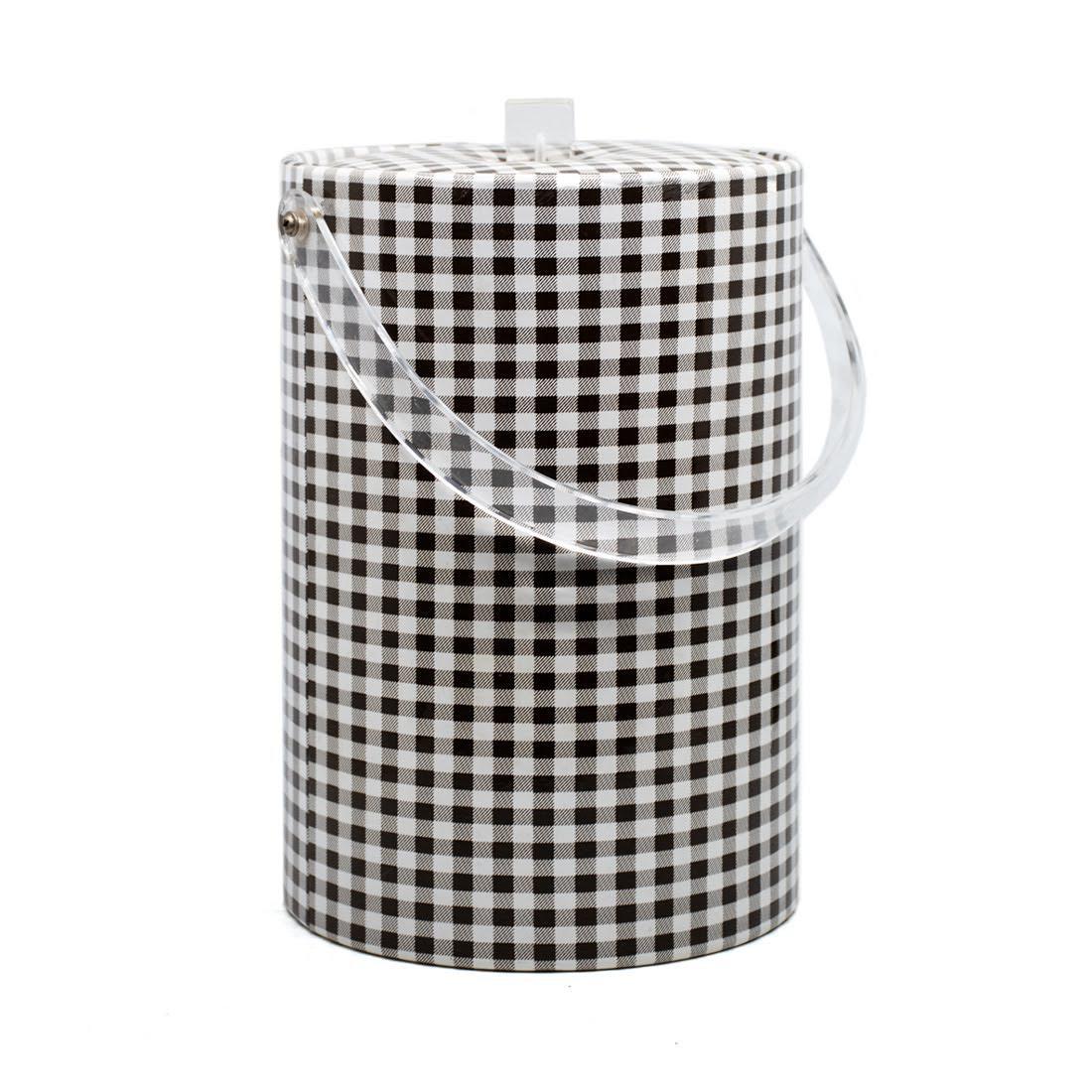 Georges Briard Vinyl Gingham and Lucite Ice Bucket: A vintage Georges Briard black and white vinyl gingham pattern ice bucket with a lucite knob lid and lucite handle. It is signed on the underside.