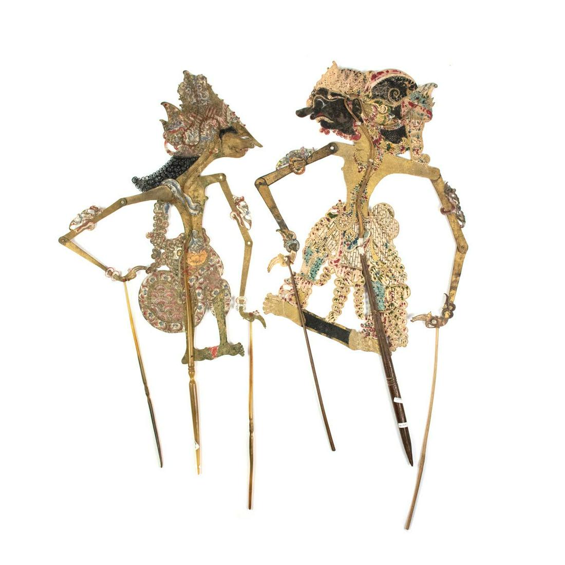 Two Indo Wayang Kulit Rama & Jayadratha Puppets: A set of two Indonesian Wayang Kulit flat puppets intricately hand painted on leather hide representing characters Rama (left) from Yogyakarta c.1880 and Jayadratha (right) from Ceper c.1920. Each are