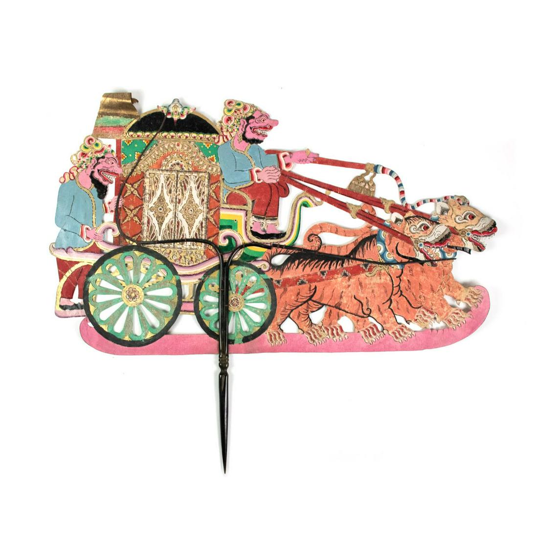 Indonesian Wayang Kulit Large Kereta Shadow Puppet: A large scale Indonesian Wayang Kulit flat puppet intricately hand painted on leather hide depicting a kereta (carriage in Javanese) with two pink male figures being pulled by two tigers. The puppet i