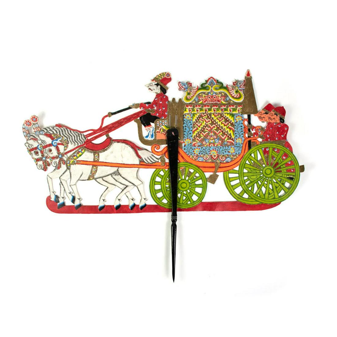 Indonesian Wayang Kulit Large Kereta Shadow Puppet: A large scale Indonesian Wayang Kulit flat puppet intricately hand painted on leather hide depicting a kereta (carriage in Javanese) with three male figures on a large ornate carriage having green whe