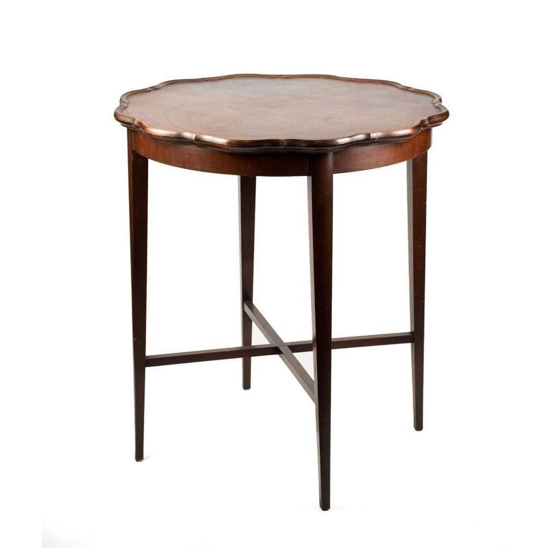 True Grand Rapids All Mahogany Pie Crust Side Table: A True Grand Rapids 'All Mahogany' side table having pie crust style table top with four tapered legs and X stretcher support. Marked on the underside.