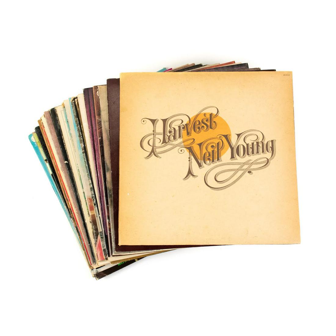 Group of Rock and Roll Vinyl Albums: Neil Young "Harvest" 1972, Janis Joplin "Pearl" 1971, Dolly Parton "Great Balls of Fire" 1979, Jerry Goldsmith "Logan's Run" 1976, David Clayton Thomas, Linda Ronstadt & The Stone Poneys "Back On The 