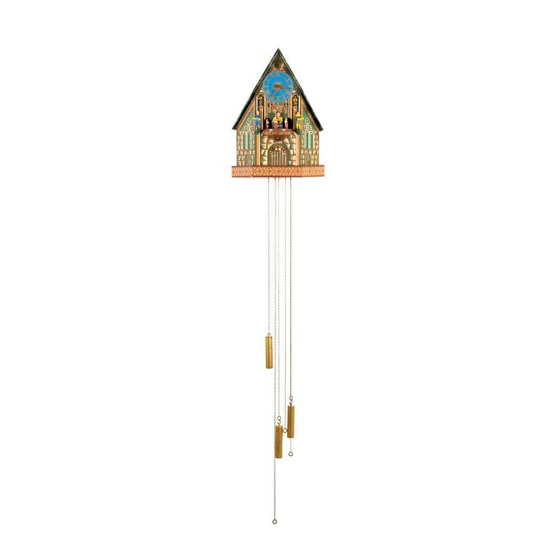 E. Schmeckenbecher Wooden King and Knights Clock: A vintage E. Schmeckenbecher hand-painted wooden cuckoo clock having a King and his knights inside a cathedral. Includes brass tone hanging chains and weights. Marked Made in West Germany.