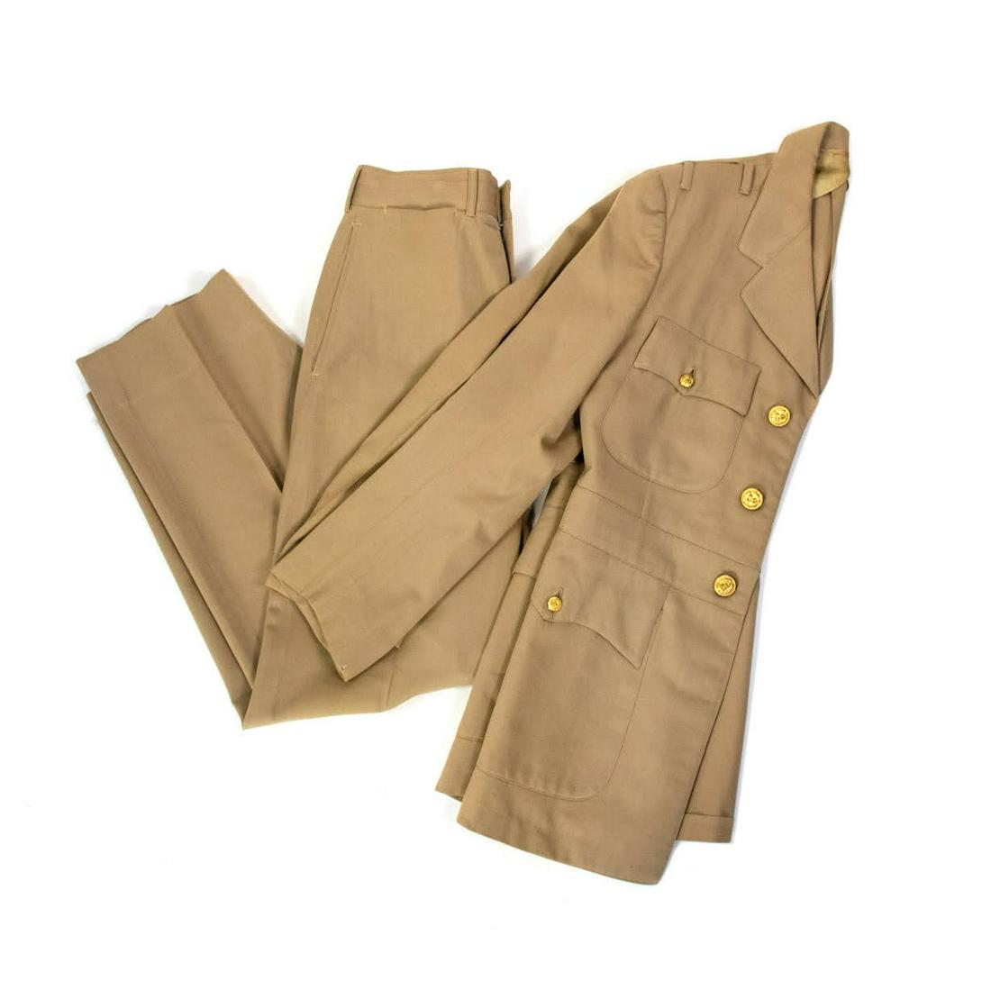 Naval Service Khaki Uniform Jacket and Pant Set: A vintage Service Khaki uniform jacket and pant set having gold tone button up with fitted waist and belt looped pants.