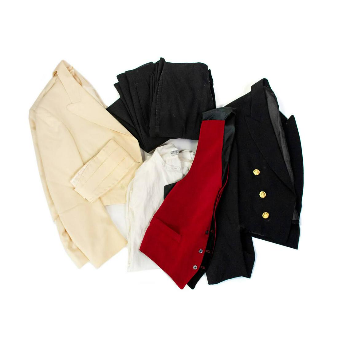 Group of 7 Mens Assorted Suit Jackets and Pants: Group of 7 mens assorted Naval formal suit jackets and pants including two pairs of black slacks, an Alexandre white suit jacket with matching cumberbund and a black suit jacket with gold buttons, She