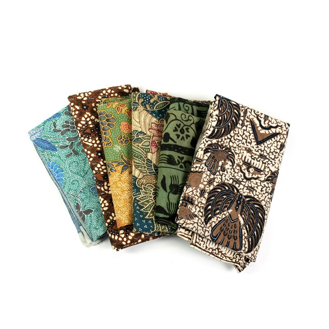 Group of 6 Indonesian Batik Fabric: A group of six Indonesian Bali batik fabric pieces in various colors and designs. These were collected in the 1970-80's for use with Wayang puppets.