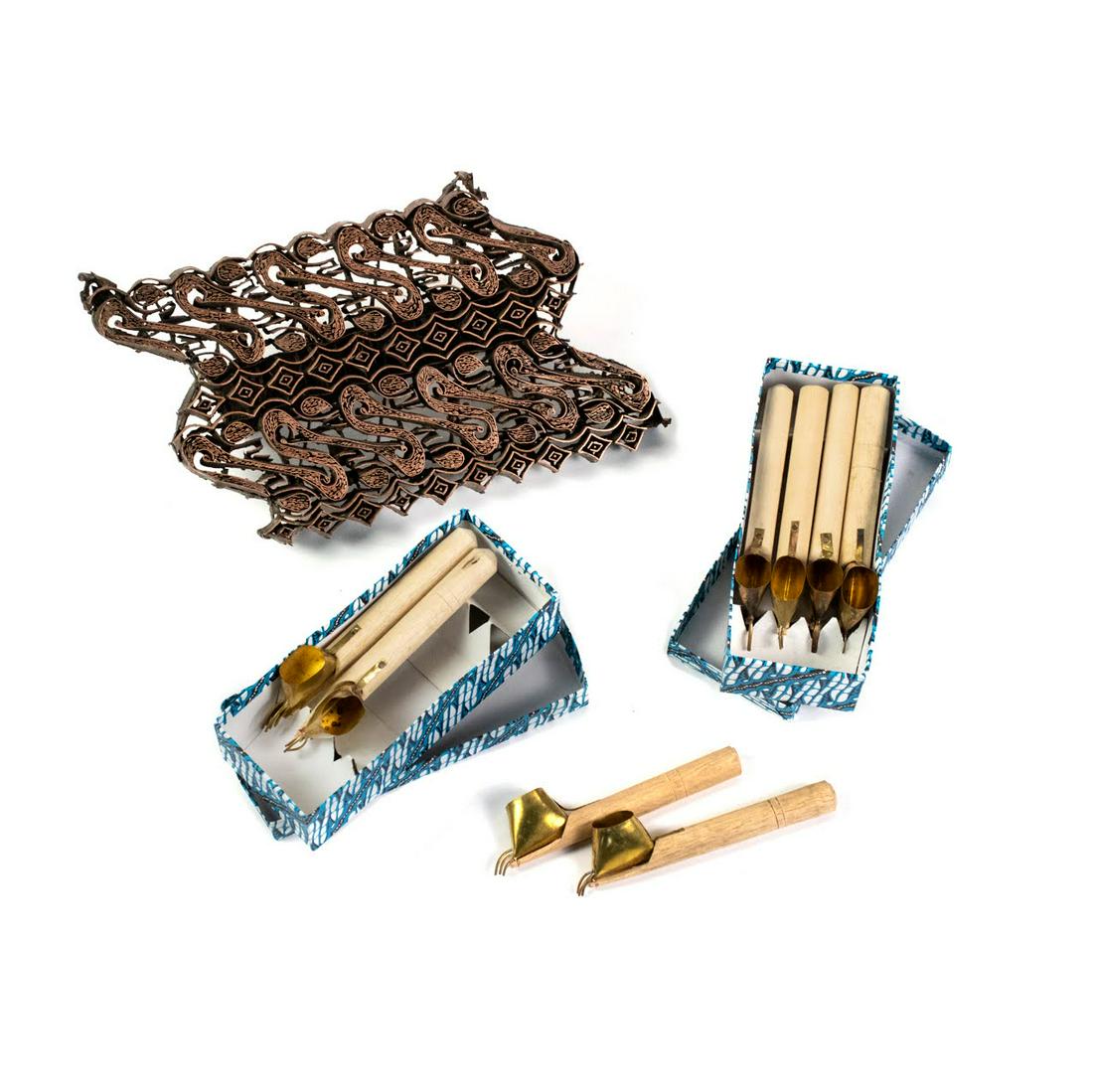 Group of Batik Fabric Tools Tjanting and Stamp: A group of batik fabric making tools including two boxes of Tjanting was needle tools and a large cappoer batik marking stamp with repeating geometric pattern.