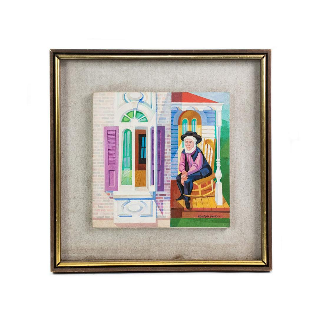 Howard Mandel Oil on Board 'Amish' Painting: Howard Mandel (American, 1917-1999) oil on board painting titled 'Amish' depicting an Amish man sitting on a wooden porch in a rocking chair. Signed in the lower right corner in paint and presented wo