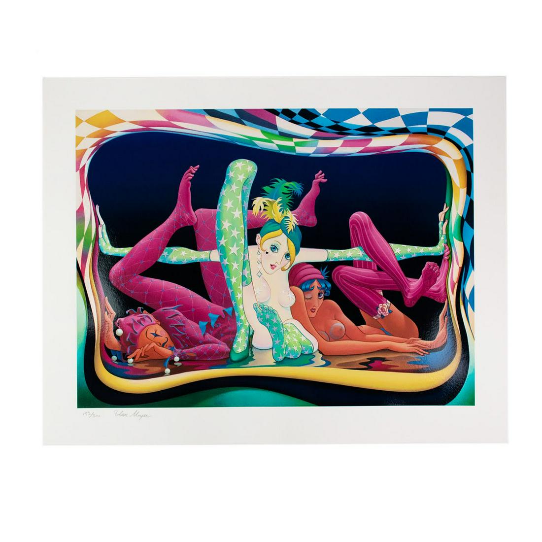 Ilene Meyer Serigraph Print 'Time Out': Ilene Meyer (American, 1939-2009) serigraph print titled 'Time Out' marked AP 193/300, depicting a fantasy scene with three circus performers atop one another. Hand signed in pencil lower left corner.