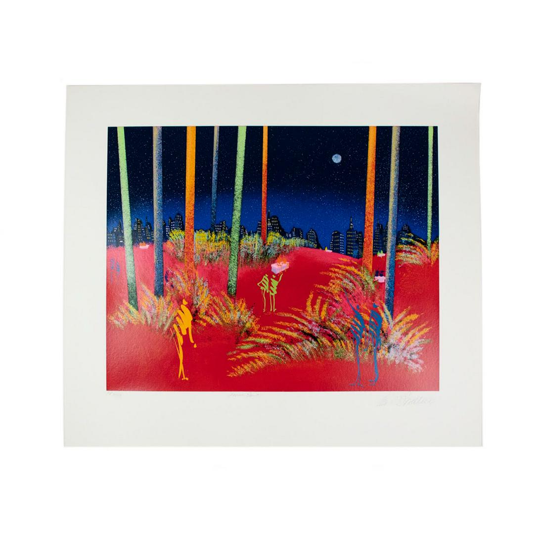 Leo Posillico Limited Serigraph 'Lovers Point': Leo Posillico (American, 1944-) limited serigraph print titled 'Lovers Point' marked AP 35/50, depicting an abstract scene with abstracted coupled figures in vibrant colors. Hand signed in pencil lowe