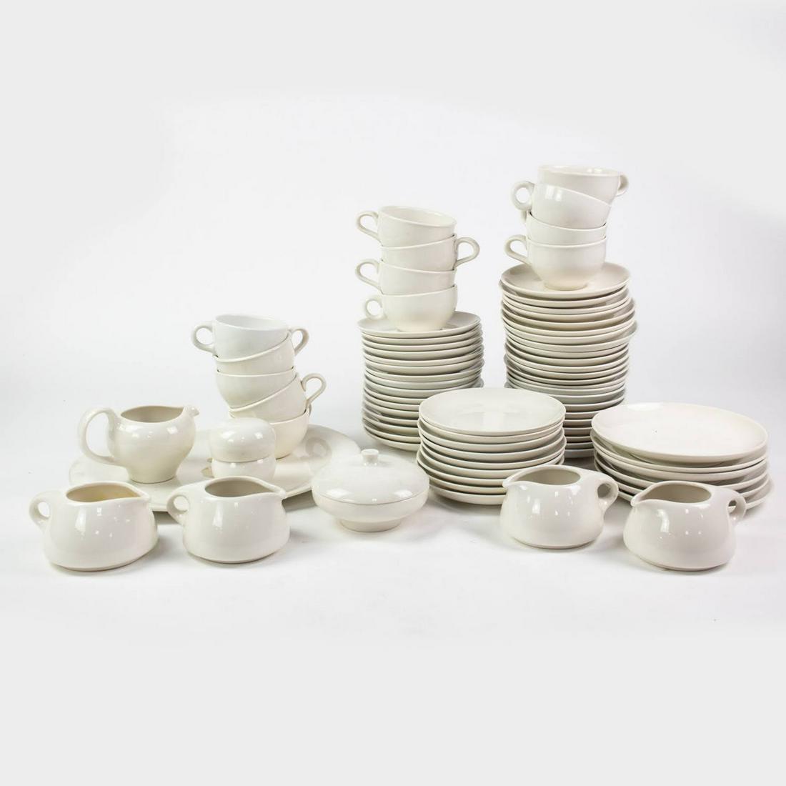 Russel Wright White Iroquois Mixed Dishware Set: Russel Wright Iroquois Casual White incomplete set including 39 flat saucers, 9 redesigned flat saucers, 6 bread and butter plates, 7 redesigned tea cups, 4 tea cups, 1 redesigned creamer, 4 creamers,