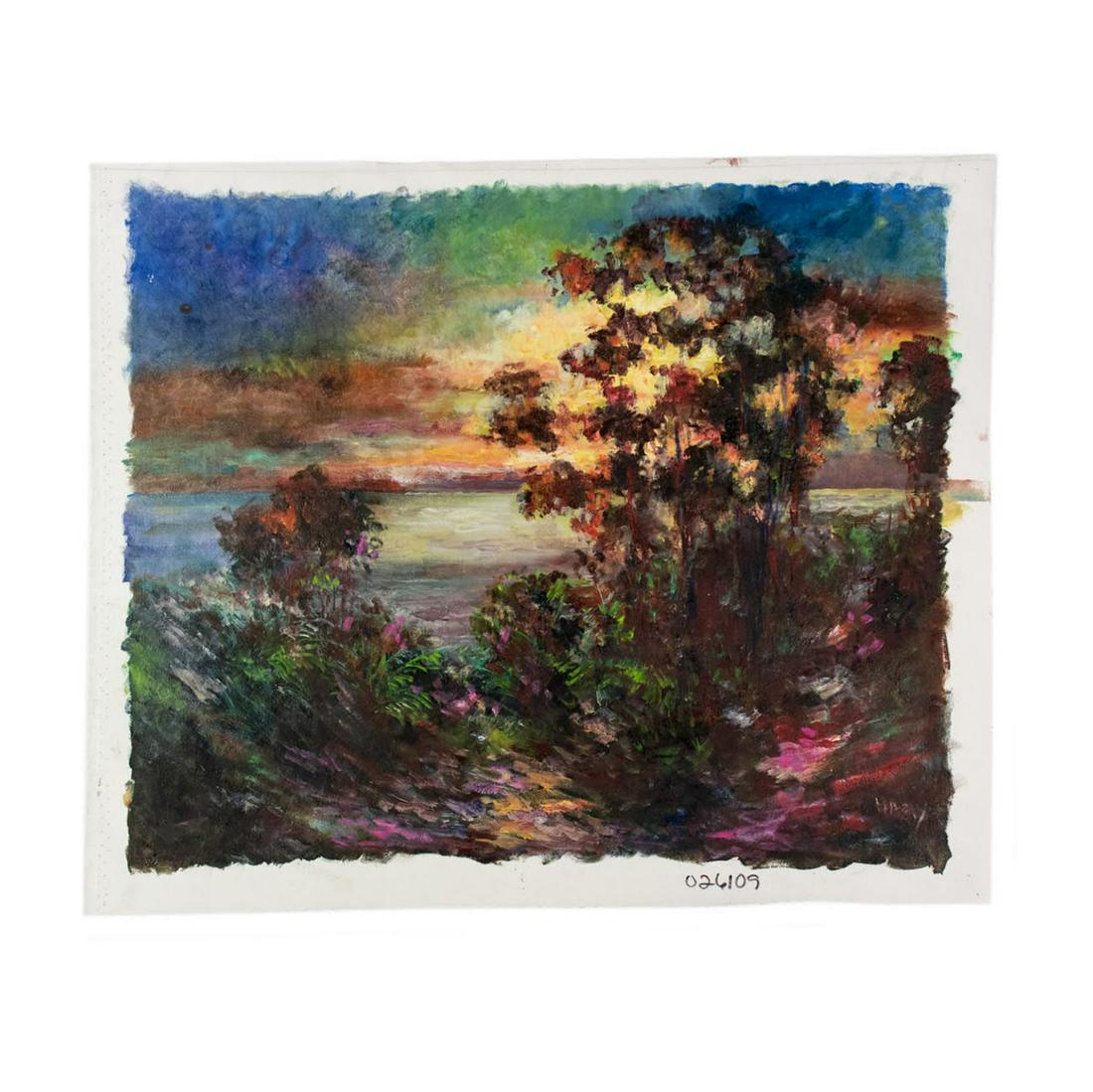 Nagy O/C Sunset Landscape Scene: Nagy oil on canvas impressionistic style sunset landscape scene depicting the ocean with the sun setting in the background. Signed in paint in the lower right corner. Loose canvas, frame not included.