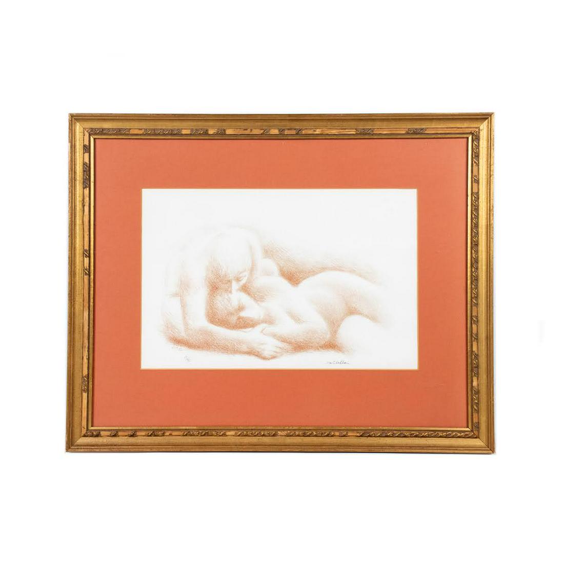 John Ward McClellan Nude Couple Lithograph Signed: John Ward McClellan (American, 1908-1986) lithograph depicting a nude couple enveloped in a passionate embrace with the male kissing the female figure on the cheek. Presented in a gilt carved frame wi