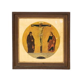 Francesco del Cossa Print on Board The Crucifixion: Francesco del Cossa (Italy) print on board of 'The Crucifixion' depicting Christ on the cross with the inscription INRI above his head. Two figures stand on either side, one looking up and the other f