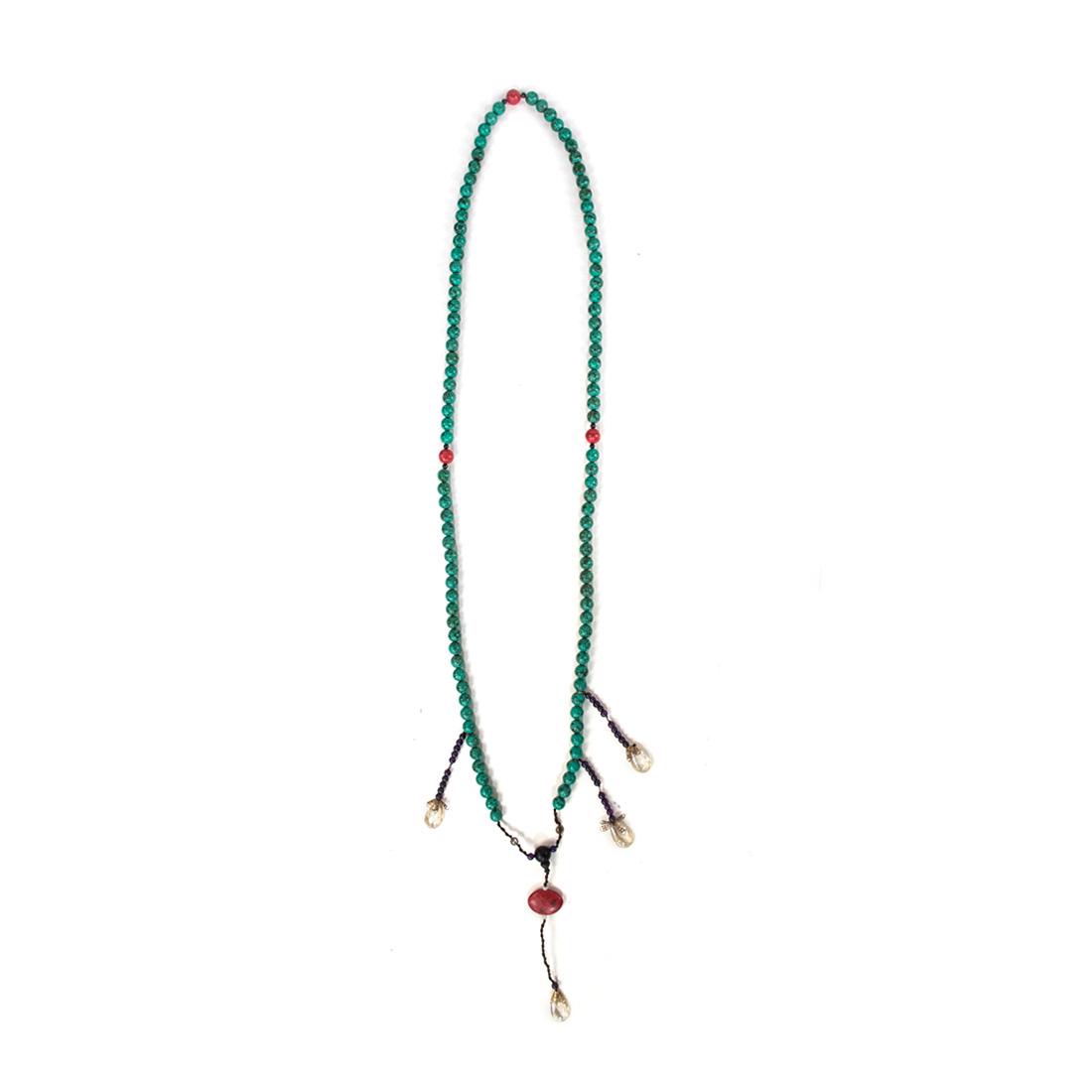 Chinese Court Bead Necklace: One Chinese Court Bead Necklace. Measures 24" in diameter. Main pendulous drop with red stone measures 7.5". Good condition with wear commensurate with use and age.