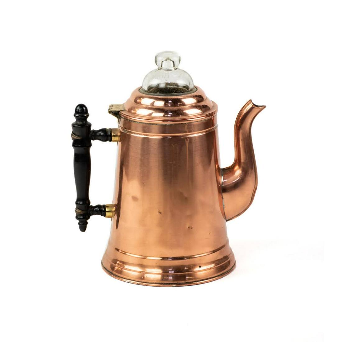 Antique Rome 6 Cup Copper Percolator with Wooden Handle: Antique Rome 6 cup copper percolator having copper body with glass embossed topper and wood carved black handle. Marked on the brass hinge, glass topper, and underside.