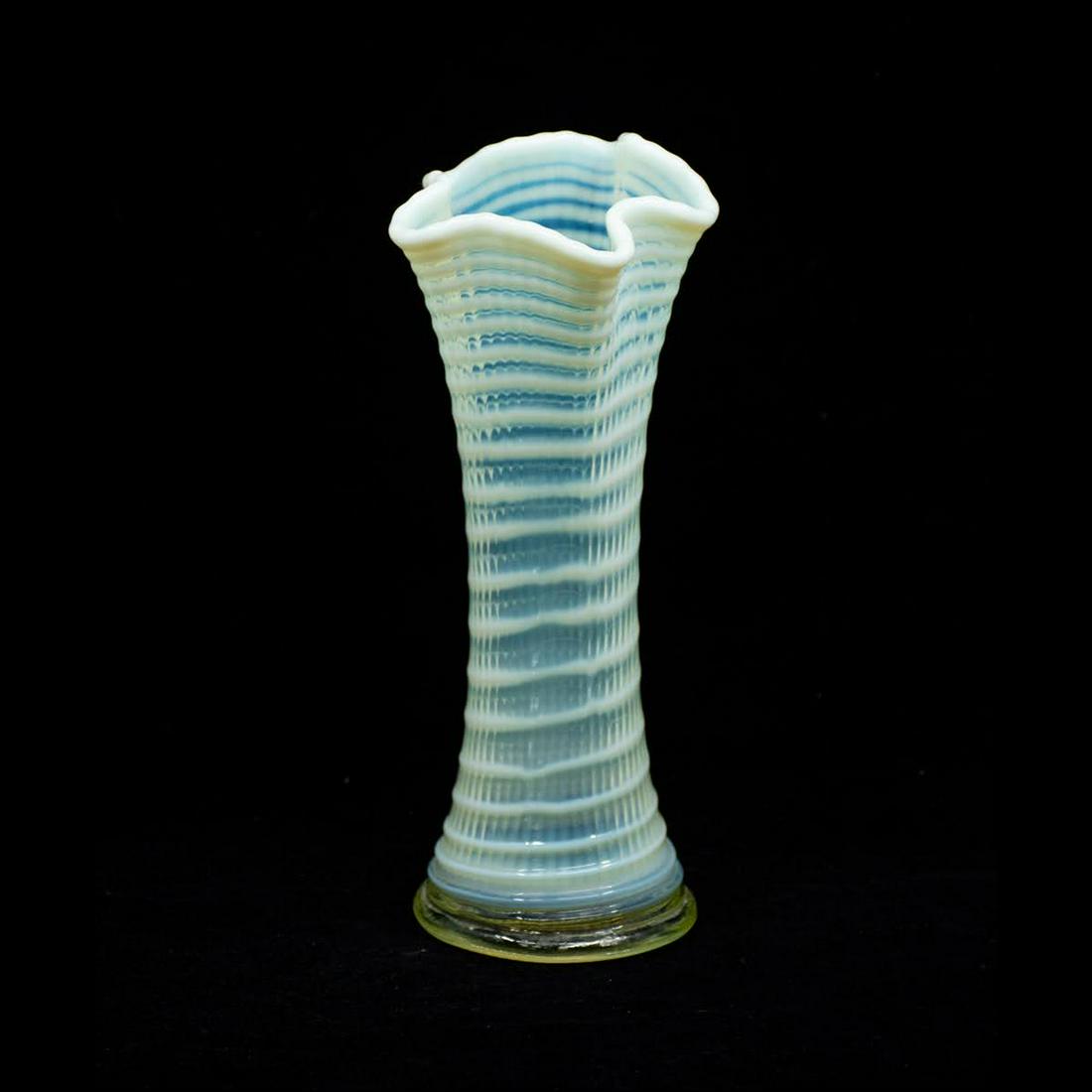 Carnival Blue Stretched Ribbed Vase: A carnival glass blue stretched ribbed vase
