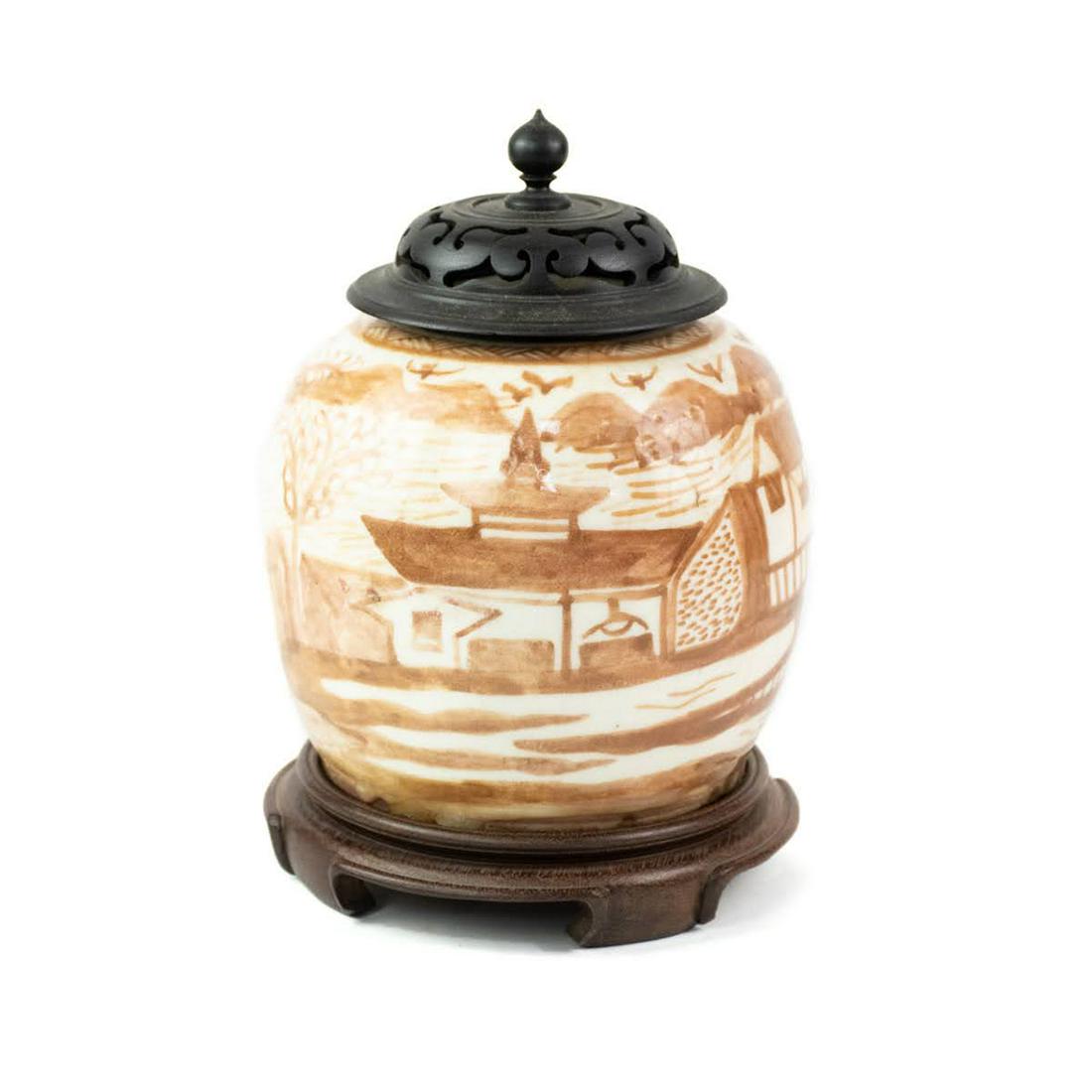Chinese Hand-Painted Brown and White Stoneware Urn (1 of 9)