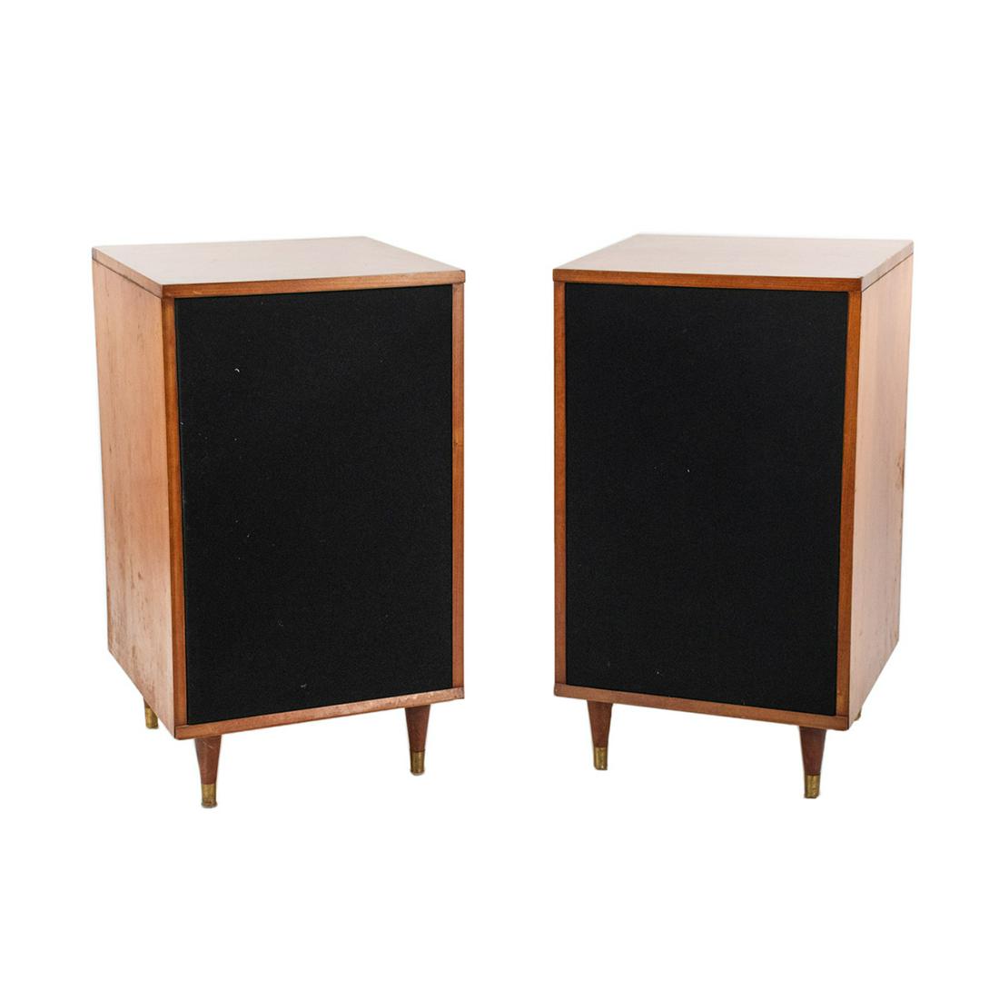 Knight Vintage Wood Case Speakers: A pair of Knight Mid-Century wooden case speakers having black mesh fronts resting atop four tapered legs with brass cap feet. Unmarked and untested.
