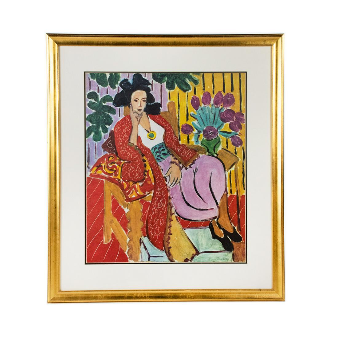 Henri Matisse Robe Rouge et Tulipes Violettes: Henri Matisse (1869-1954) Robe Rouge et Tulipes Violettes 1937 lithograph print depicting a woman in a red dress with purple tulips. Presented in gold tone wood frame. Facsimile signed in lower right 