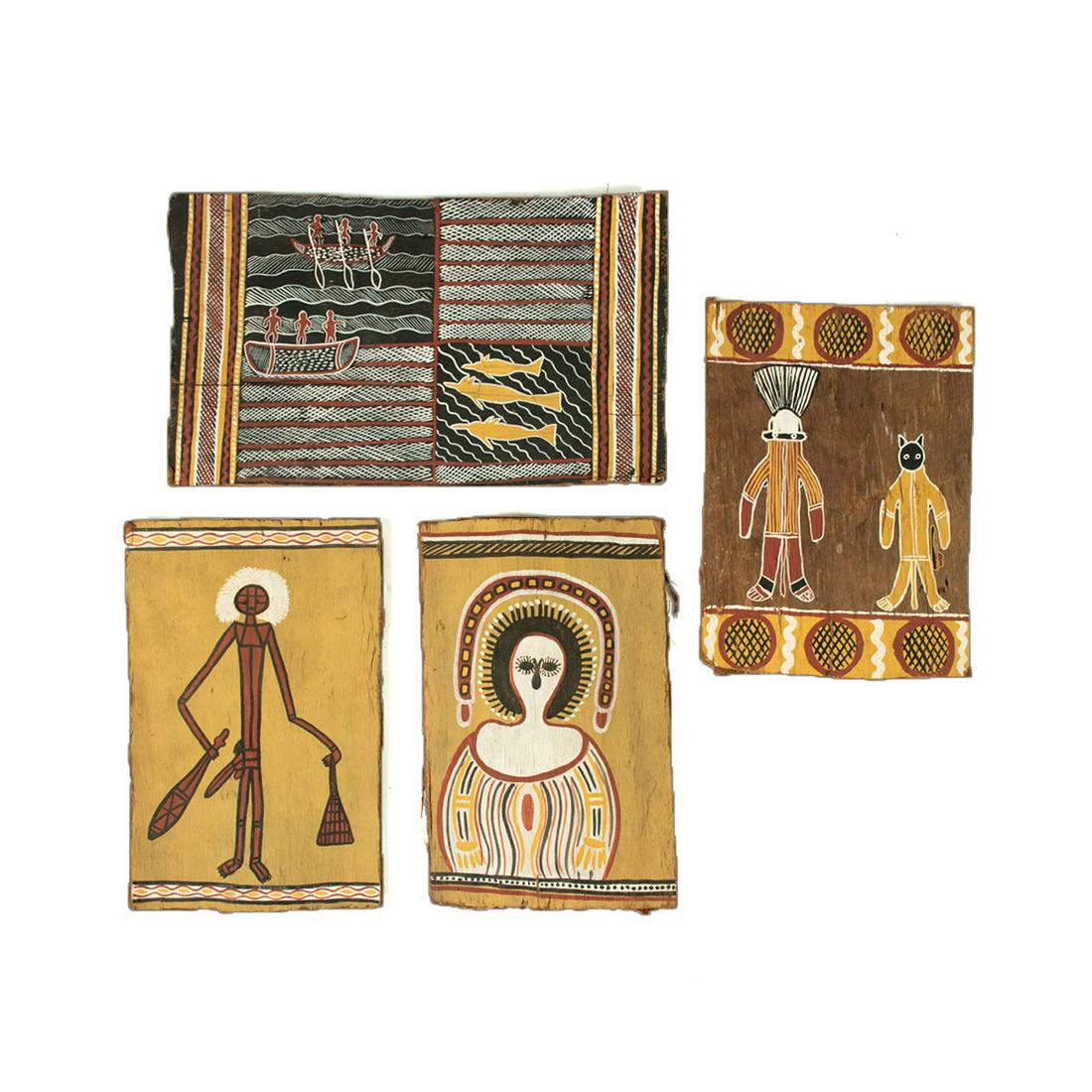 Group of 4 Aboriginal Tree Bark Paintings: Group of four Aboriginal tree bark paintings including various male and female figures in red, yellow and black tones. Unmarked.