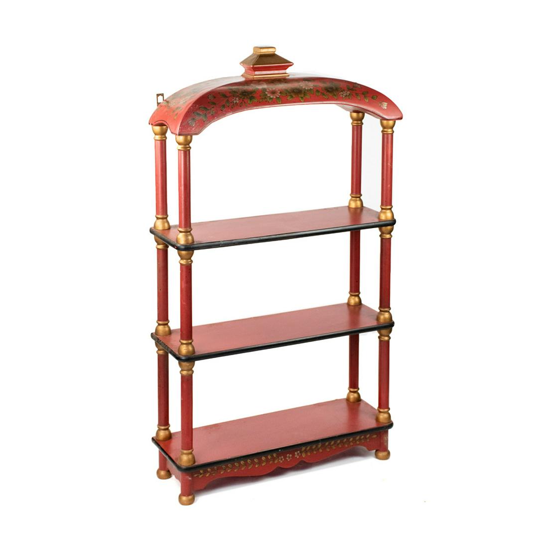 Mid-Century Chinoiserie Three Tier Floral Wall Etagere: Mid-Century Chinoiserie three tier floral wall etagere having pink floral painted motif with red finish and gold accents. Unmarked.