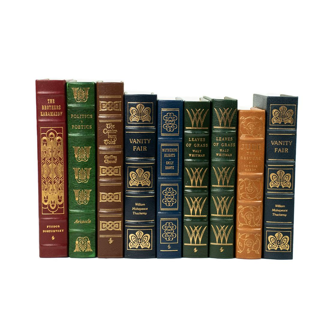 Group of 9 Leatherbound Books Printed by The Easton: A grouping of 9 leather bound books printed by The Easton Press for "The 100 Greatest Books Ever Written" Collection including two "Vanity Fair" by William Makepeace Thackeray, two "Leaves of Grass" b