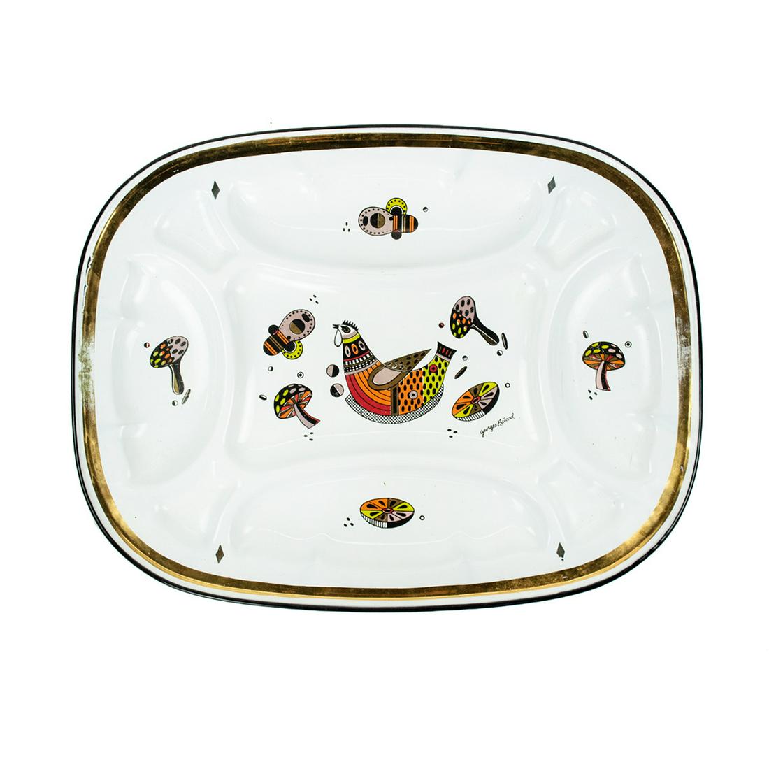 Georges Briard Enameled Metal Chicken Serving Tray: A Mid-century Modern Georges Briard white enameled metal serving tray or platter depicting hand painted chicken and mushrooms with gold painted border. Marked.