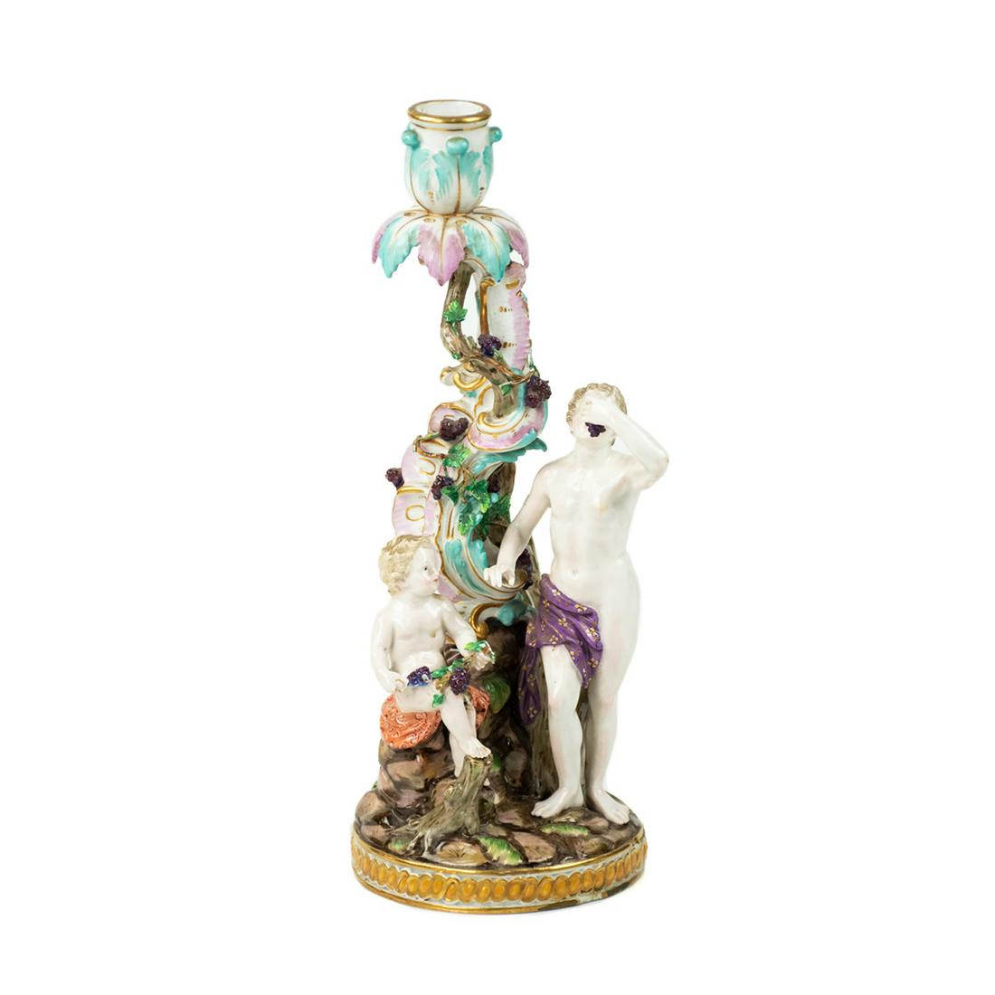 19th Century Meissen Figural Group Sculpture: 19th Century Meissen figural group sculpture candlestick depicting nude man and child with Venetian colors.