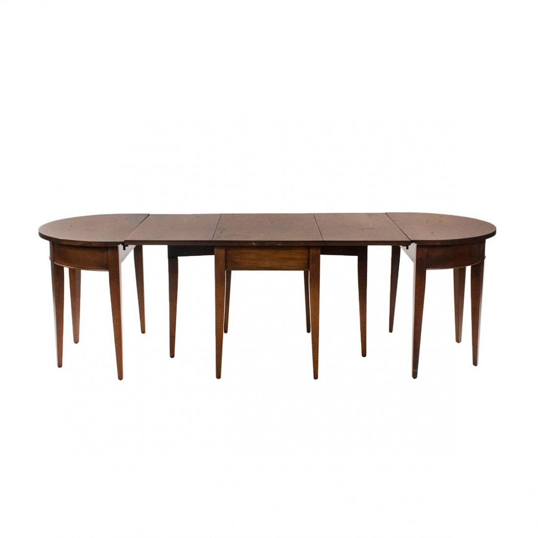 Craftique Hepplewhite Drop Leaf Table Demilune Ext.: A Craftique Salesman sample miniature English Hepplewhite style three part drop leaf dining table with two demilune table extensions all resting atop tapered legs. Drop leaf table offers two supports