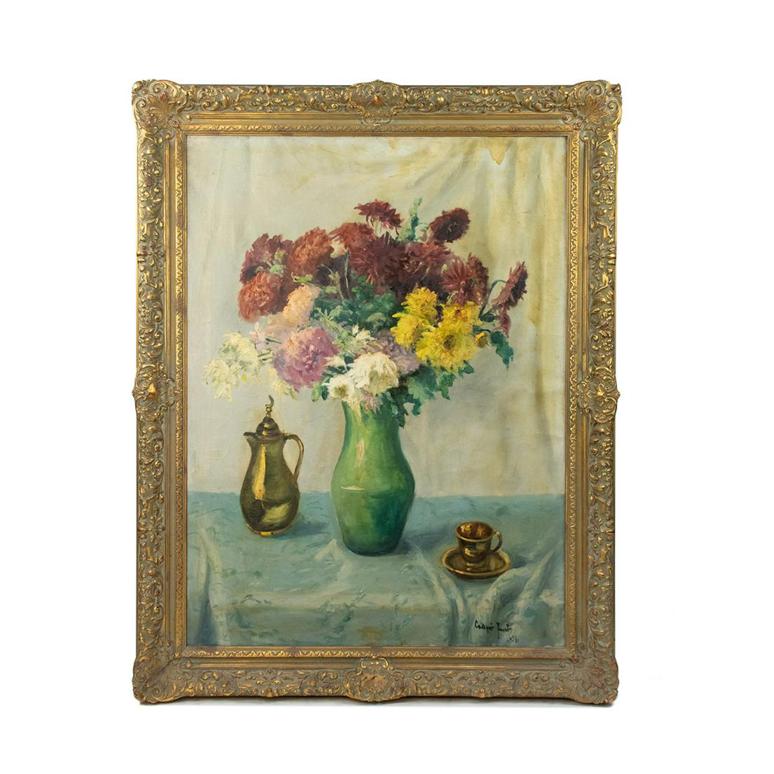 Antique Original O/C Floral Still Life Painting Framed: Antique original oil on canvas untitled painting depicting a floral still life with a brass tea kettle and tea cup in the viewing area. Presented in a gilt tone carved frame. Signed illegibly in lower