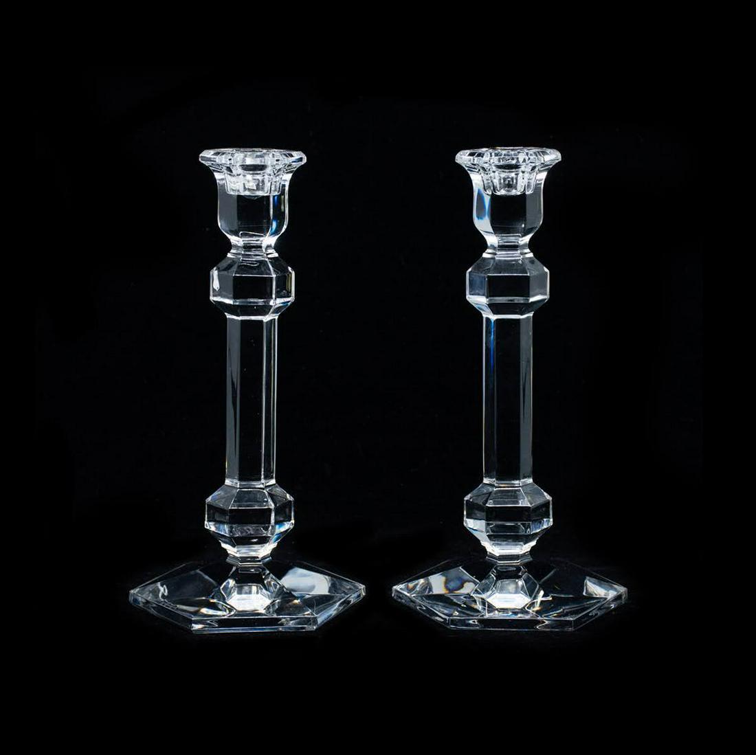 Val St Lambert Crystal Candlesticks Pair: A pair of crystal candlesticks holders by Val St. Lambert.