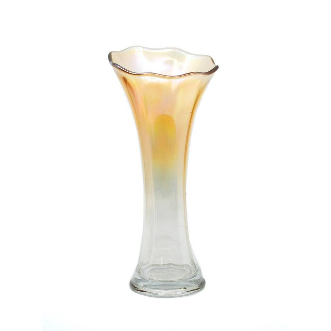 Carnival Gradient Iridescent Peach Glass Vase: Vintage carnival glass gradient vase having peach iridescent tone with lightly flared lip.